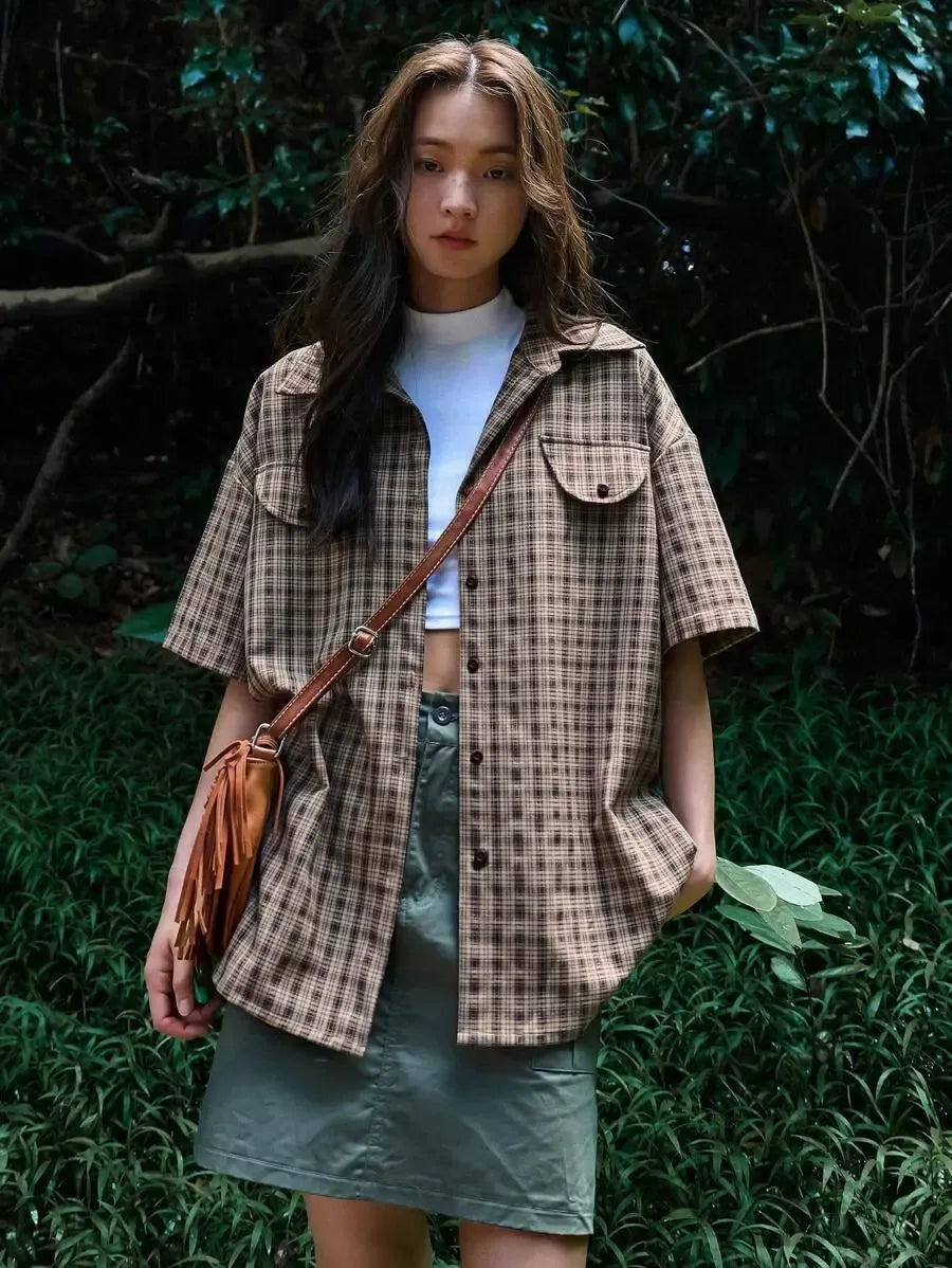 ByRoza | Flanelowa koszula w krat臋 z kr贸tkim r臋kawem i oversize