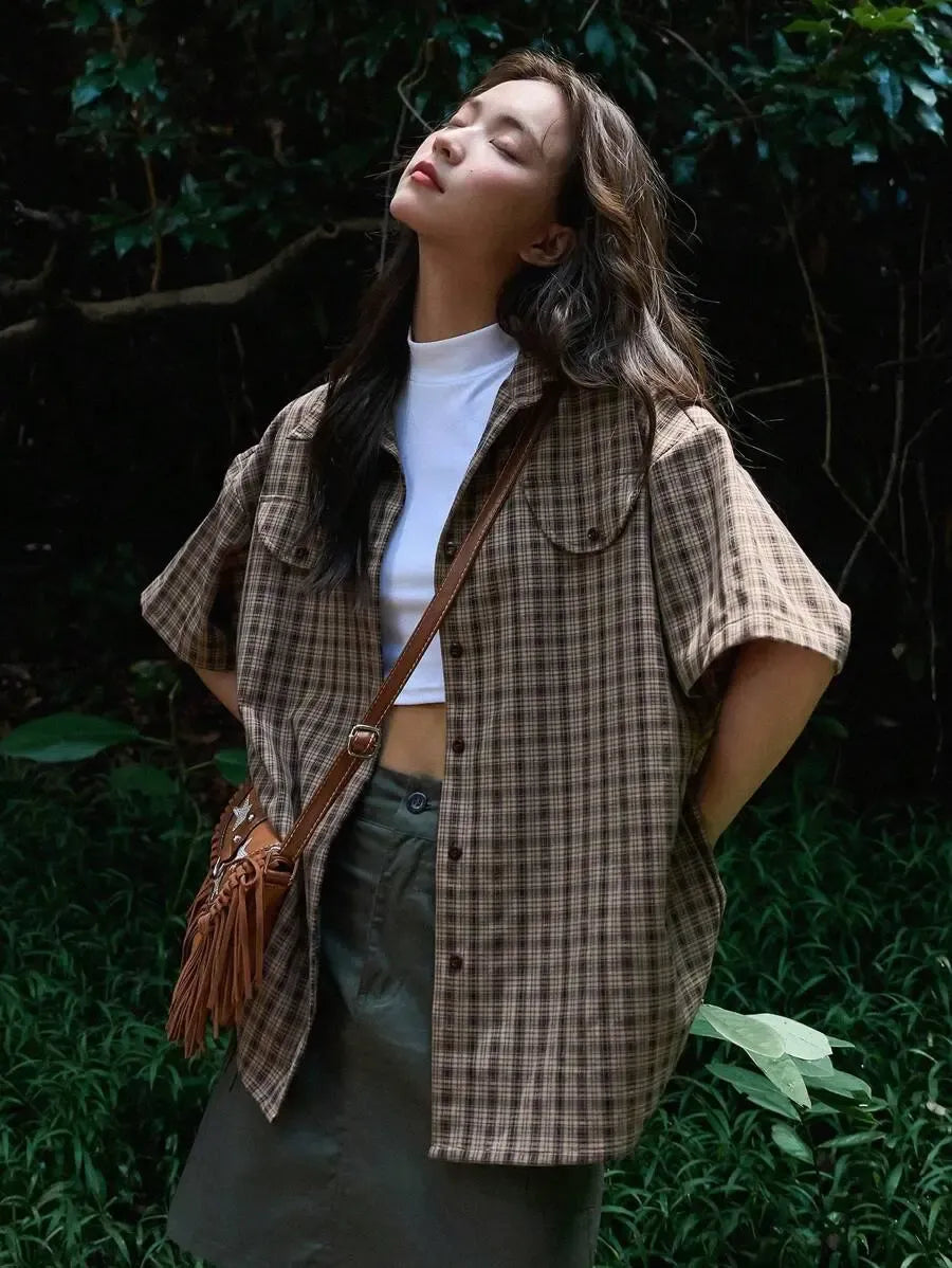 ByRoza | Flanelowa koszula w krat臋 z kr贸tkim r臋kawem i oversize