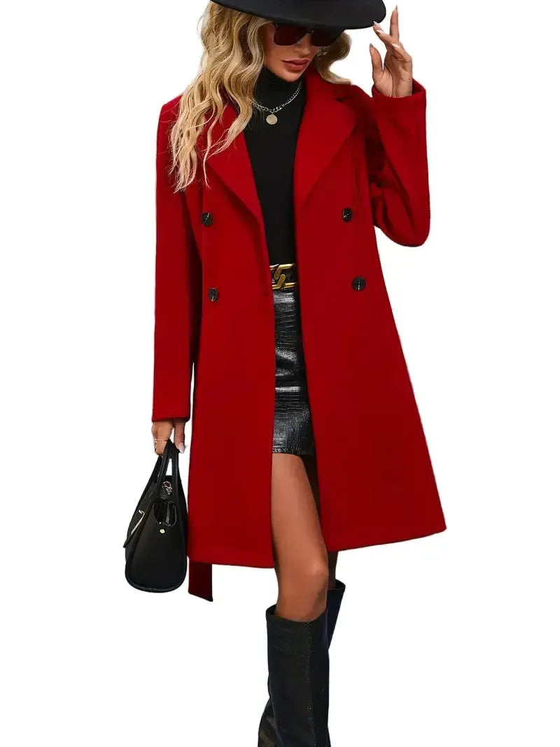 Długi dwurzędowy płaszcz typu trencz z paskiem – Stylowa odzież damska