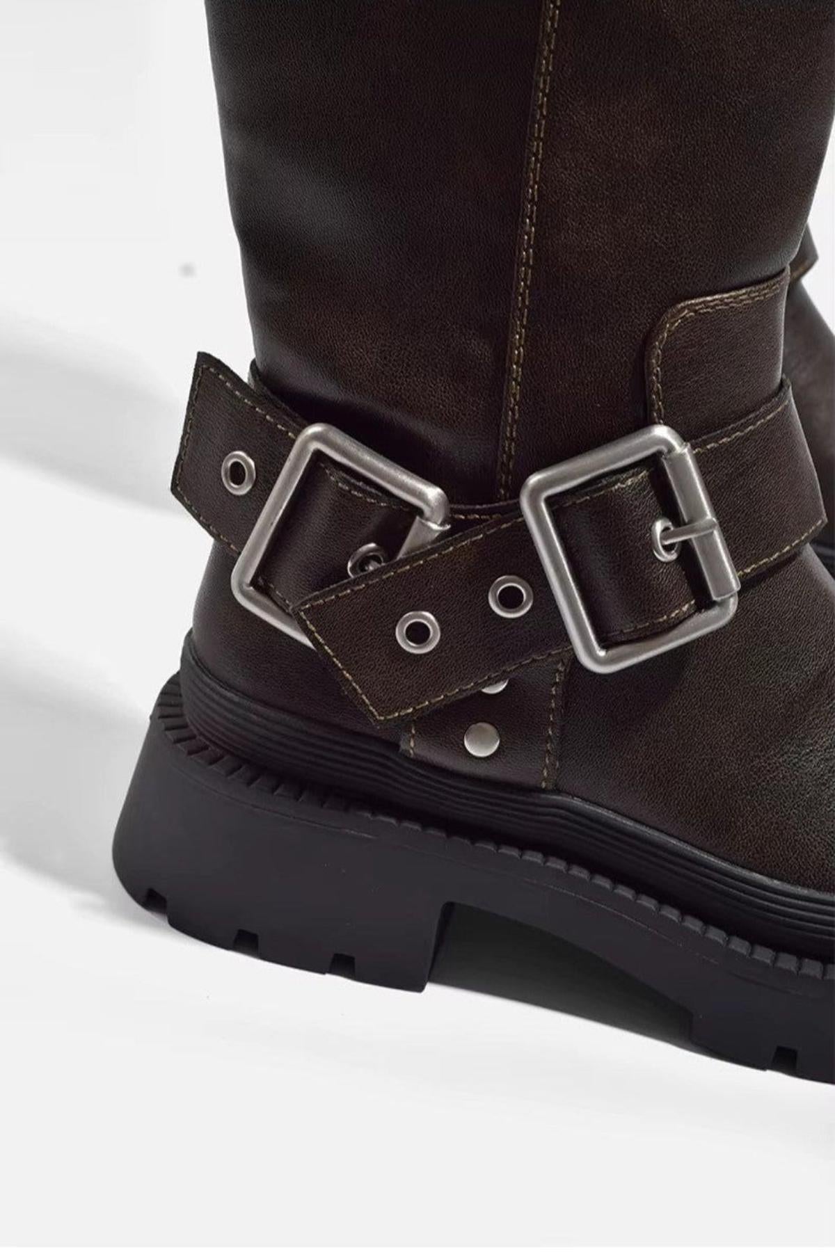 Grube płaskie buty do kolan | Płaska podeszwa, retro klamra 2