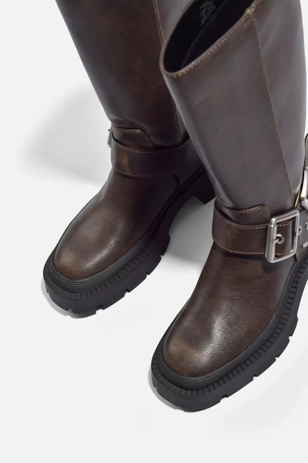Grube płaskie buty do kolan | Płaska podeszwa, retro klamra 3
