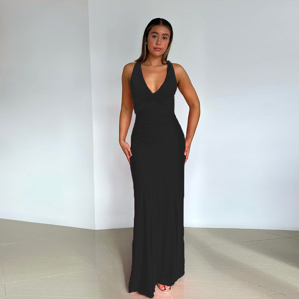 Sukienka imprezowa z satyny do ziemi – elegancki, z dekoltem w serek
