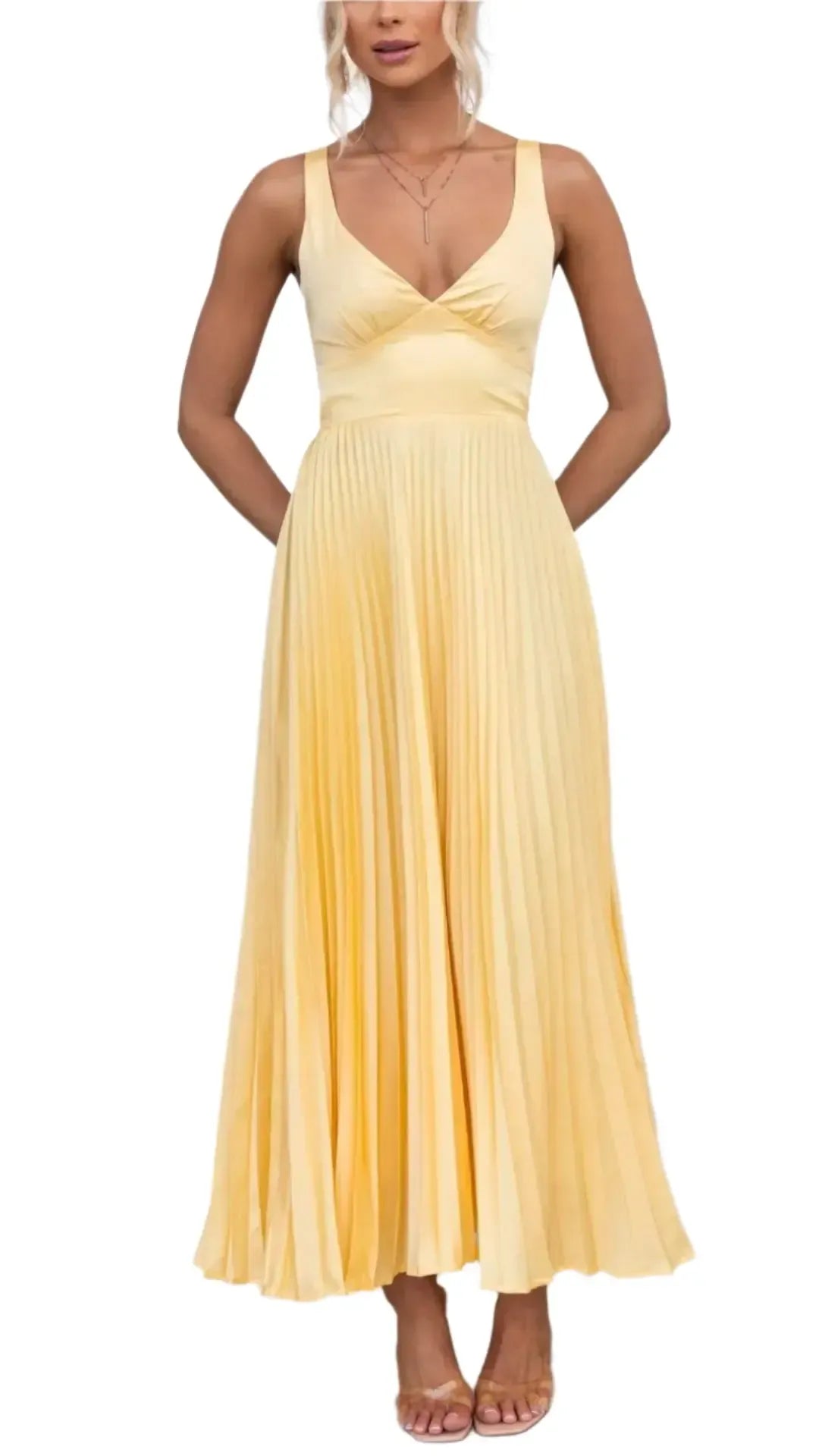 Żółta plisowana sukienka maxi z dekoltem w serek dla kobiet, regulowane ramiączka