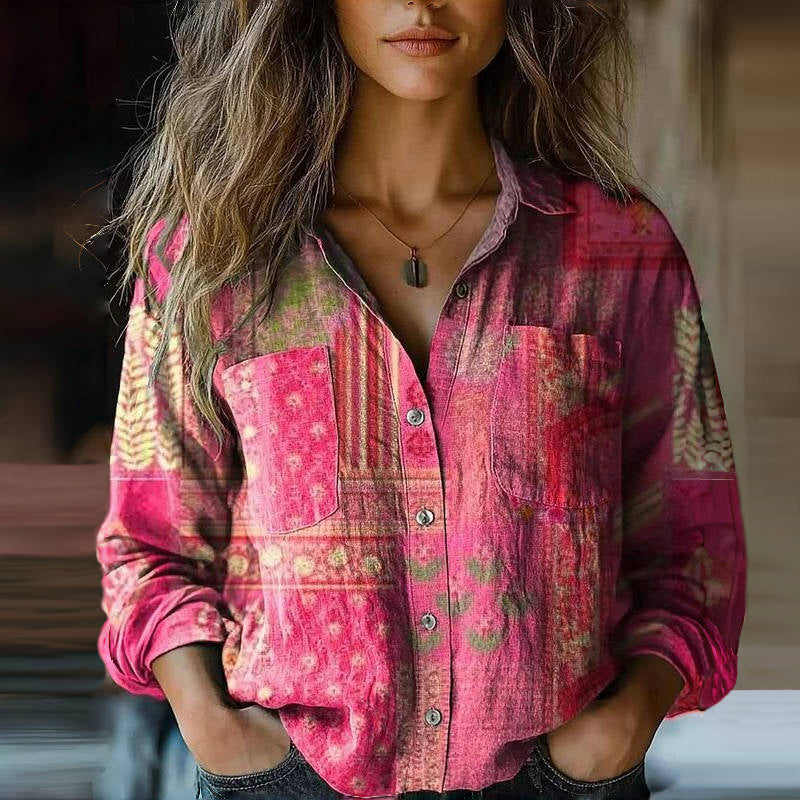 Elegancka bluzka vintage z nadrukiem dla kobiet – pochlebny styl retro