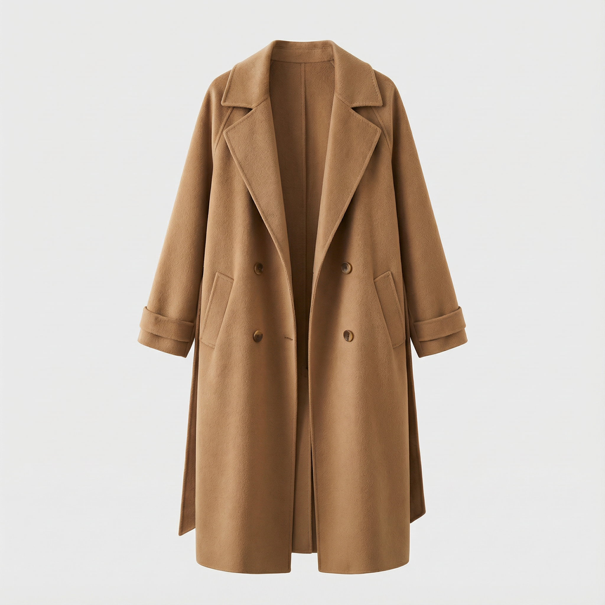 Długi wełniany płaszcz typu trencz z paskiem i kieszeniami – Klasyczna odzież damska