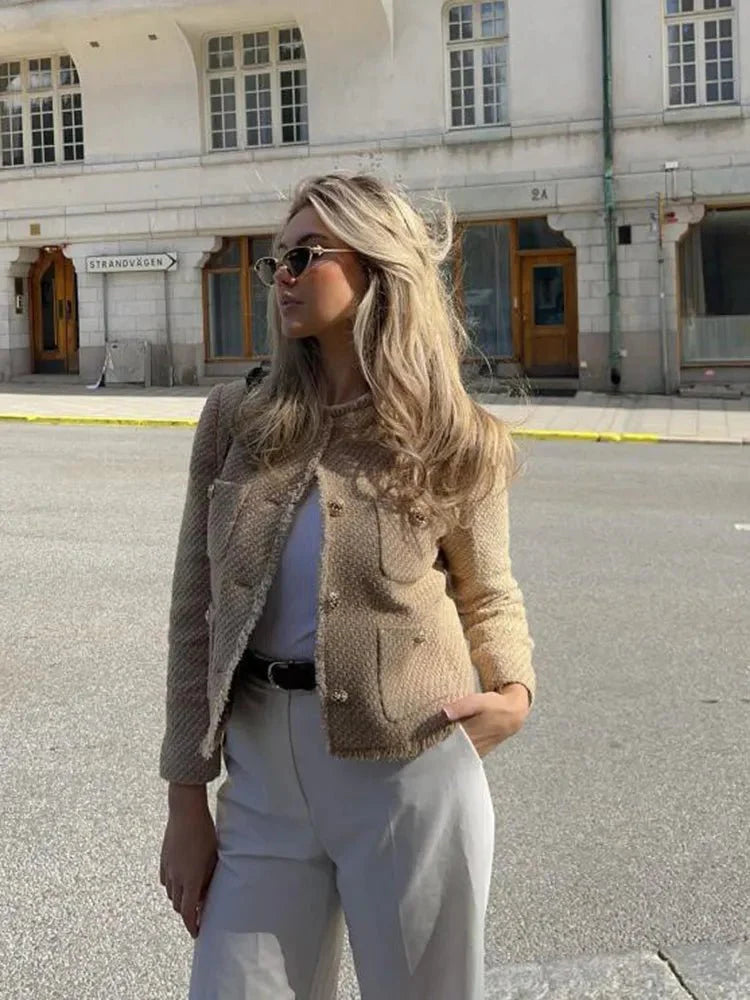 Klasyczna strukturalna inspirowana stylem vintage tweedowa blezery dla kobiet