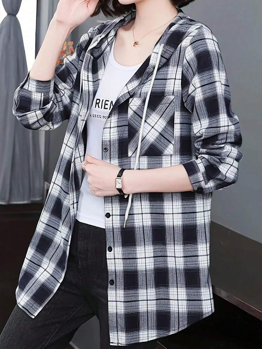 ByRoza | Koszula flanelowa z długim rękawem i kapturem w kratę