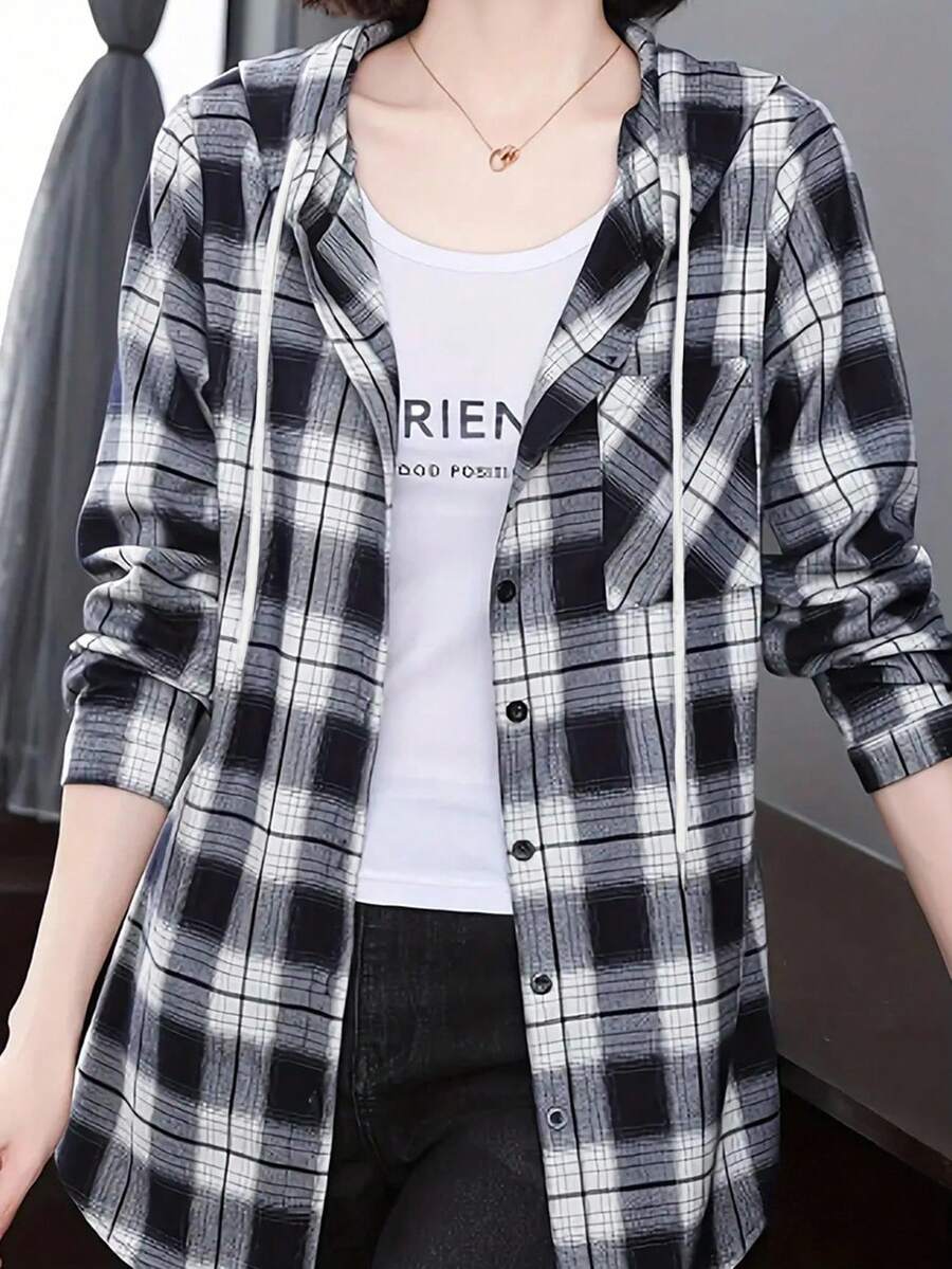 ByRoza | Koszula flanelowa z długim rękawem i kapturem w kratę