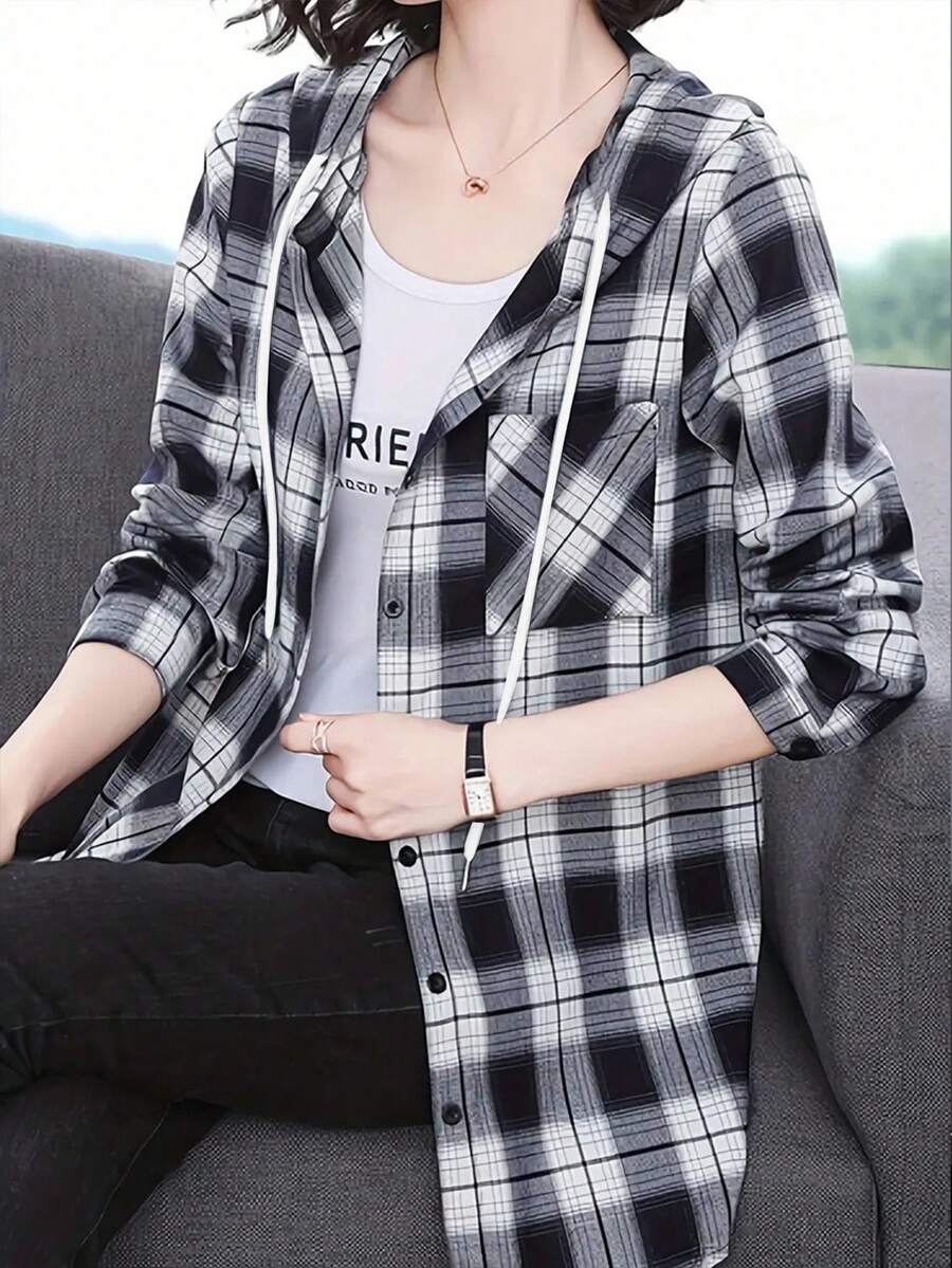 ByRoza | Koszula flanelowa z długim rękawem i kapturem w kratę