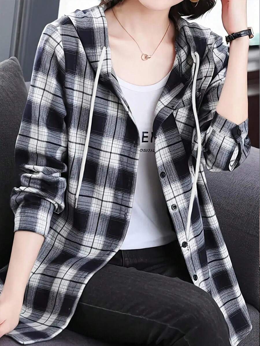 ByRoza | Koszula flanelowa z długim rękawem i kapturem w kratę