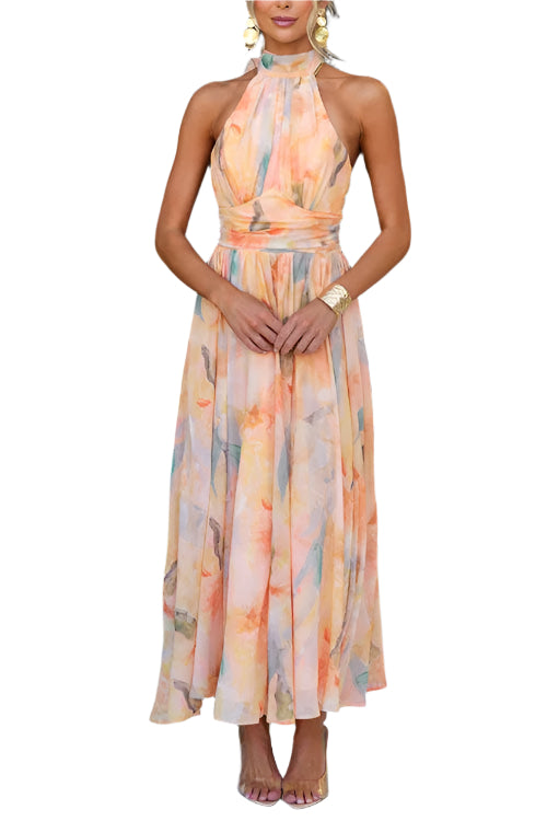 Sukienka maxi z odkrytymi plecami w kolorze akwareli dla kobiet - elegancka, letnia