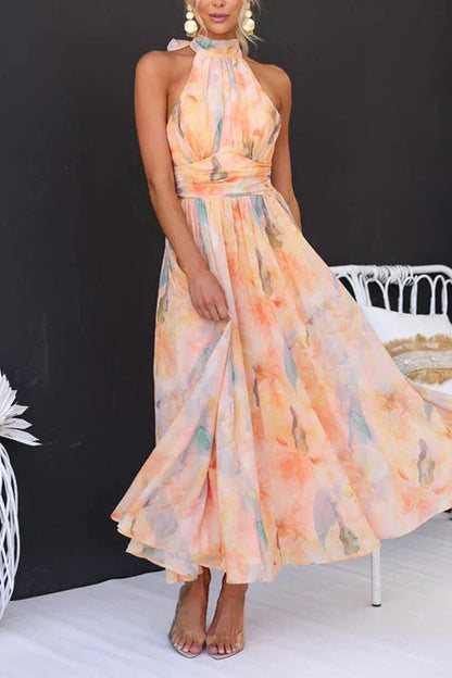 Sukienka maxi z odkrytymi plecami w kolorze akwareli dla kobiet - elegancka, letnia
