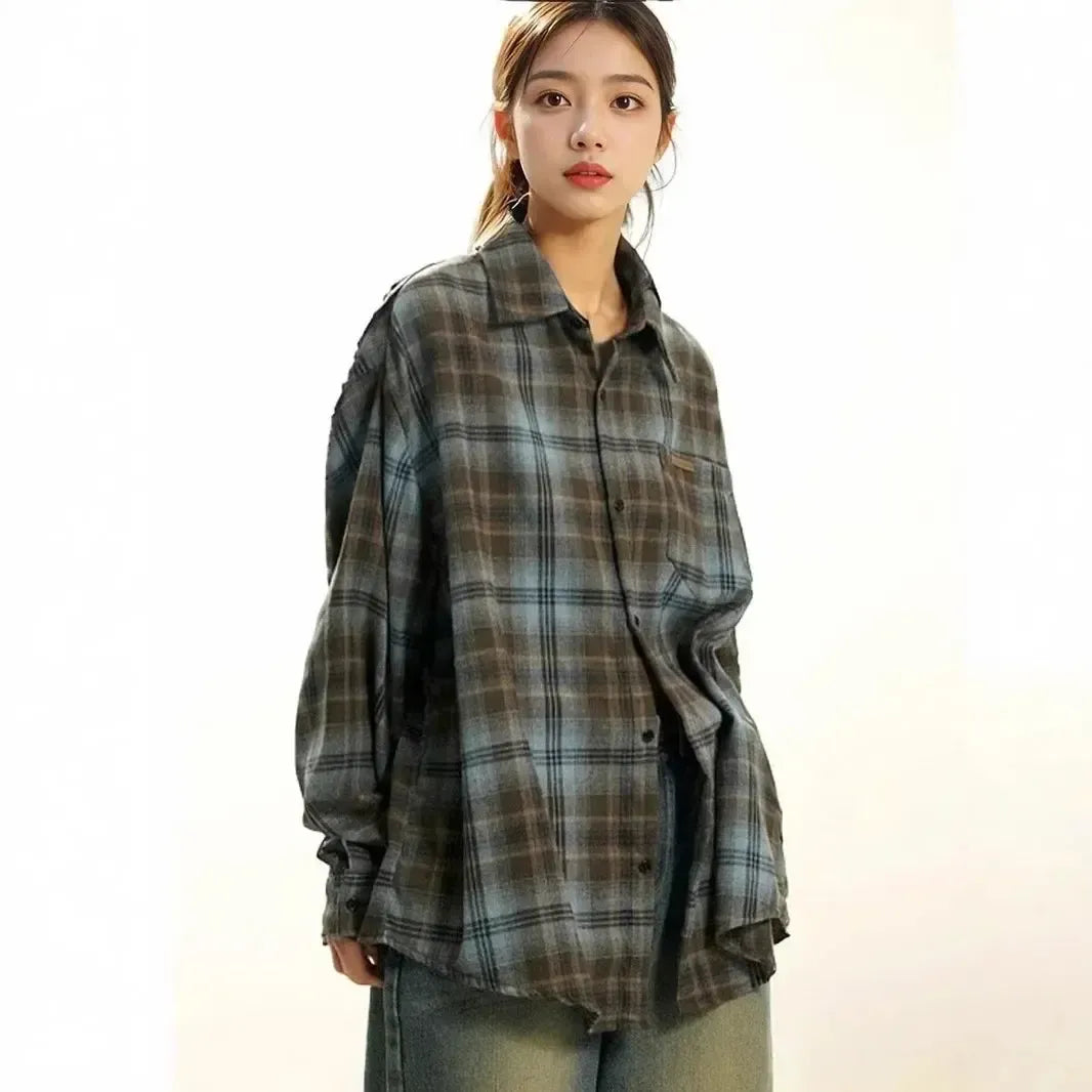 ByRoza | Koszula flanelowa w kratę w stylu retro w stylu amerykańskim