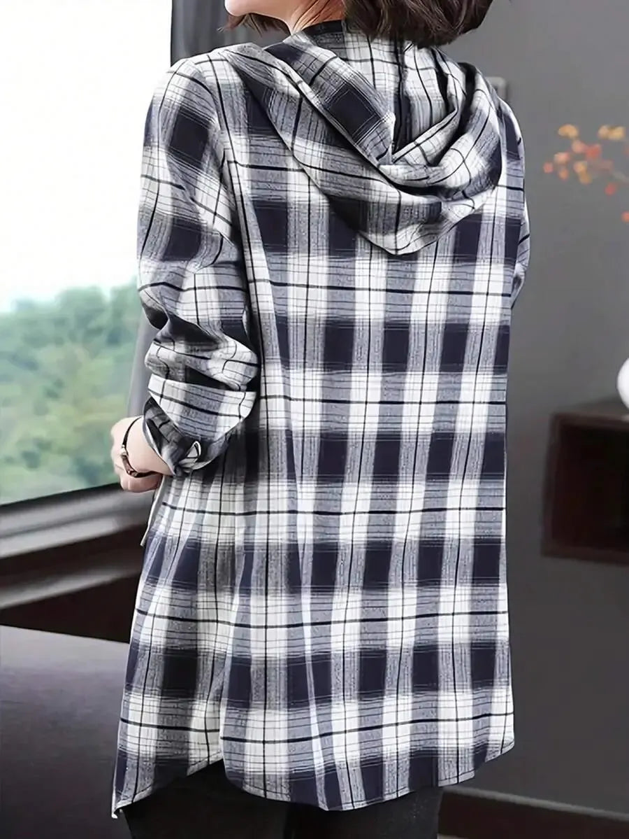 ByRoza | Koszula flanelowa z długim rękawem i kapturem w kratę