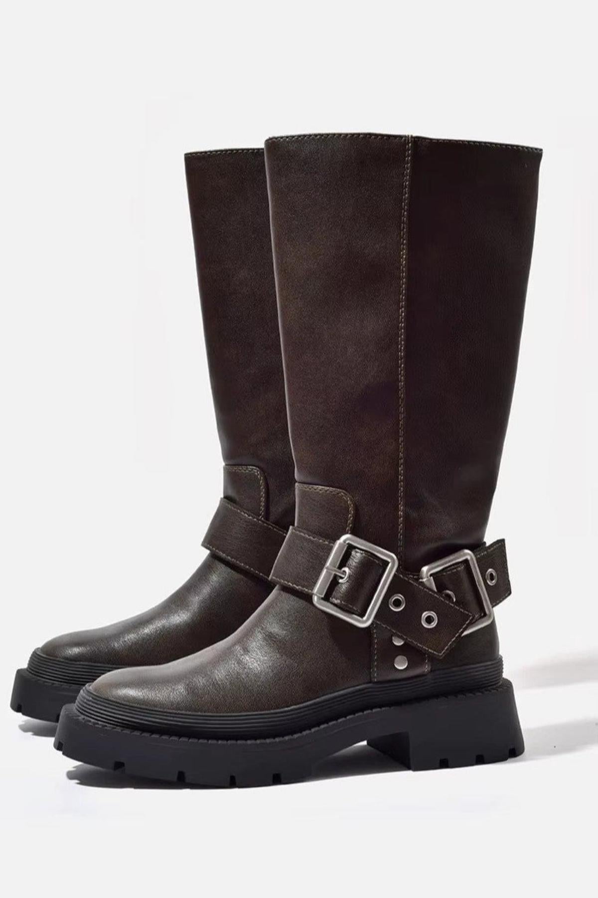 Grube płaskie buty do kolan | Płaska podeszwa, retro klamra 0