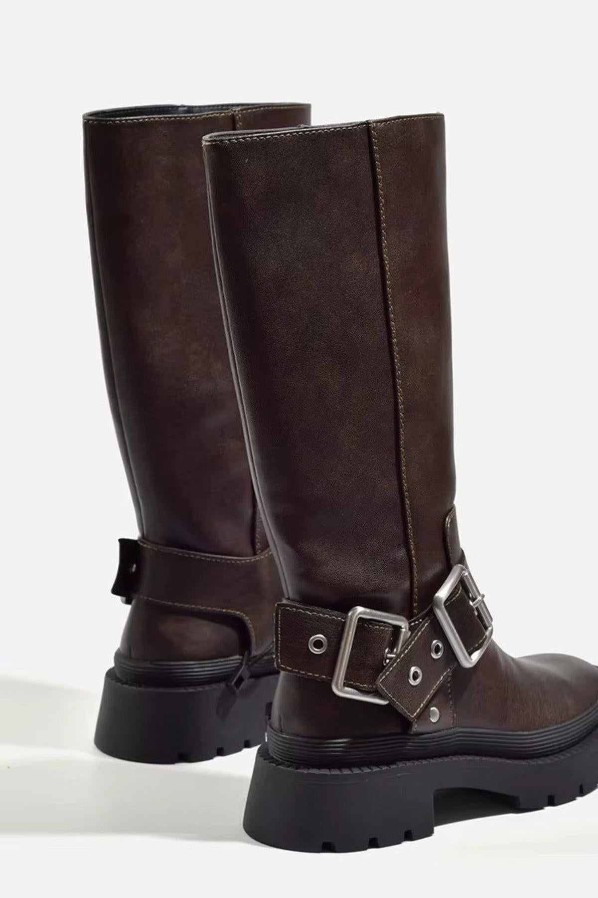 Grube płaskie buty do kolan | Płaska podeszwa, retro klamra 1