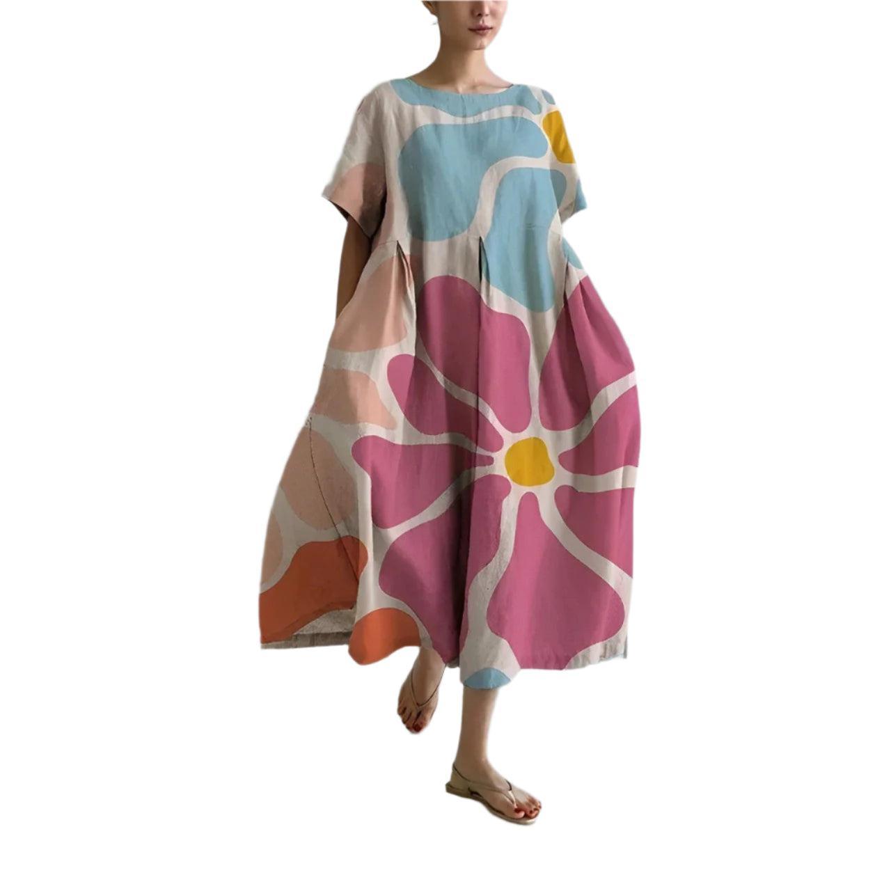 Oddychająca kolorowa sukienka z nadrukiem kwiatowym dla kobiet – elegancki strój na lato