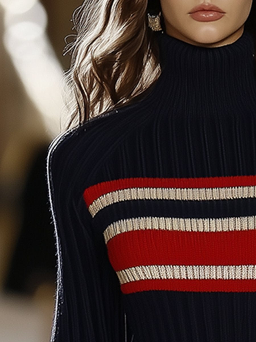 Retro | Wysoki kołnierz sukienka sweterkowa w czerwono-białe paski 2