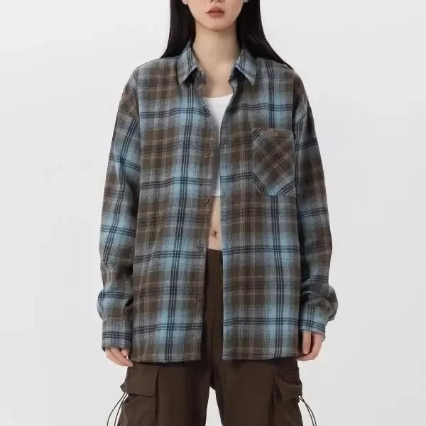 ByRoza | Koszula flanelowa w kratę w stylu retro w stylu amerykańskim