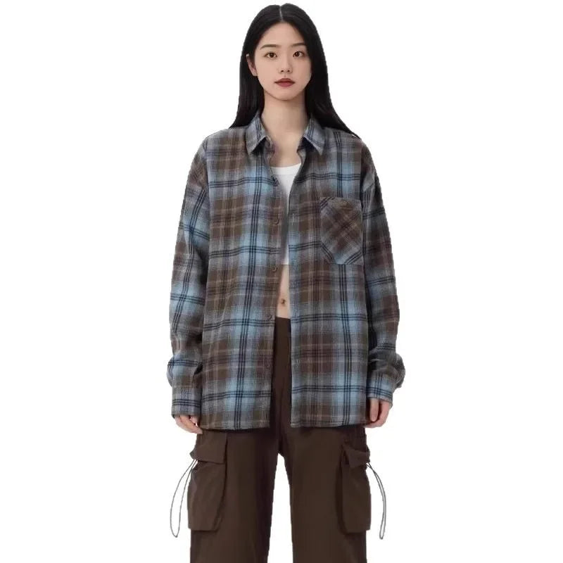 ByRoza | Koszula flanelowa w kratę w stylu retro w stylu amerykańskim