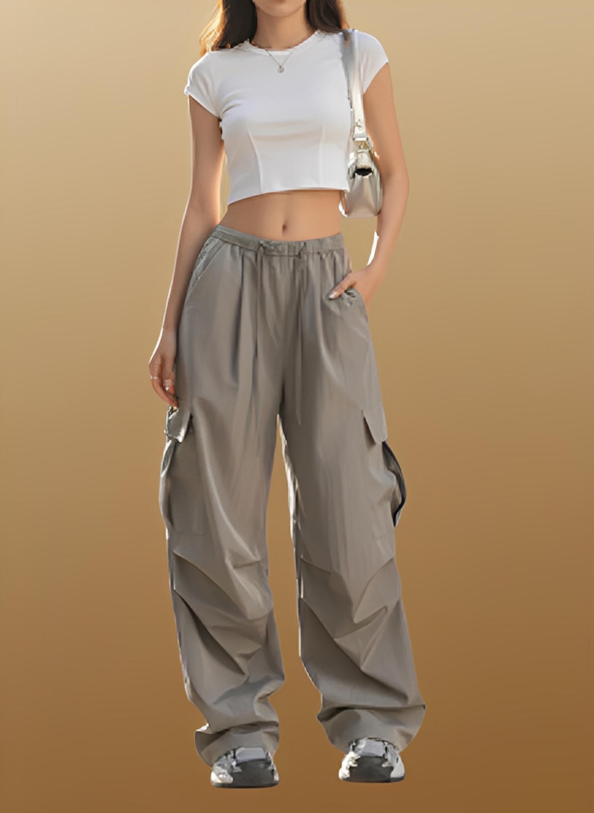 Spodnie z szerokimi nogawkami | Szerokie nogawki, ściągacz w pasie, kieszenie 0