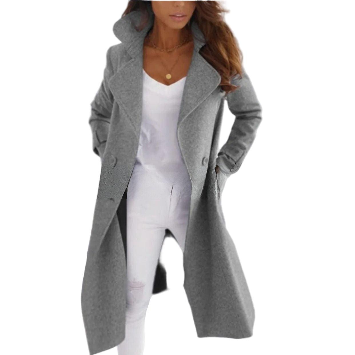 Wygodny i stylowy długi płaszcz typu trencz z wykładanym kołnierzem dla kobiet