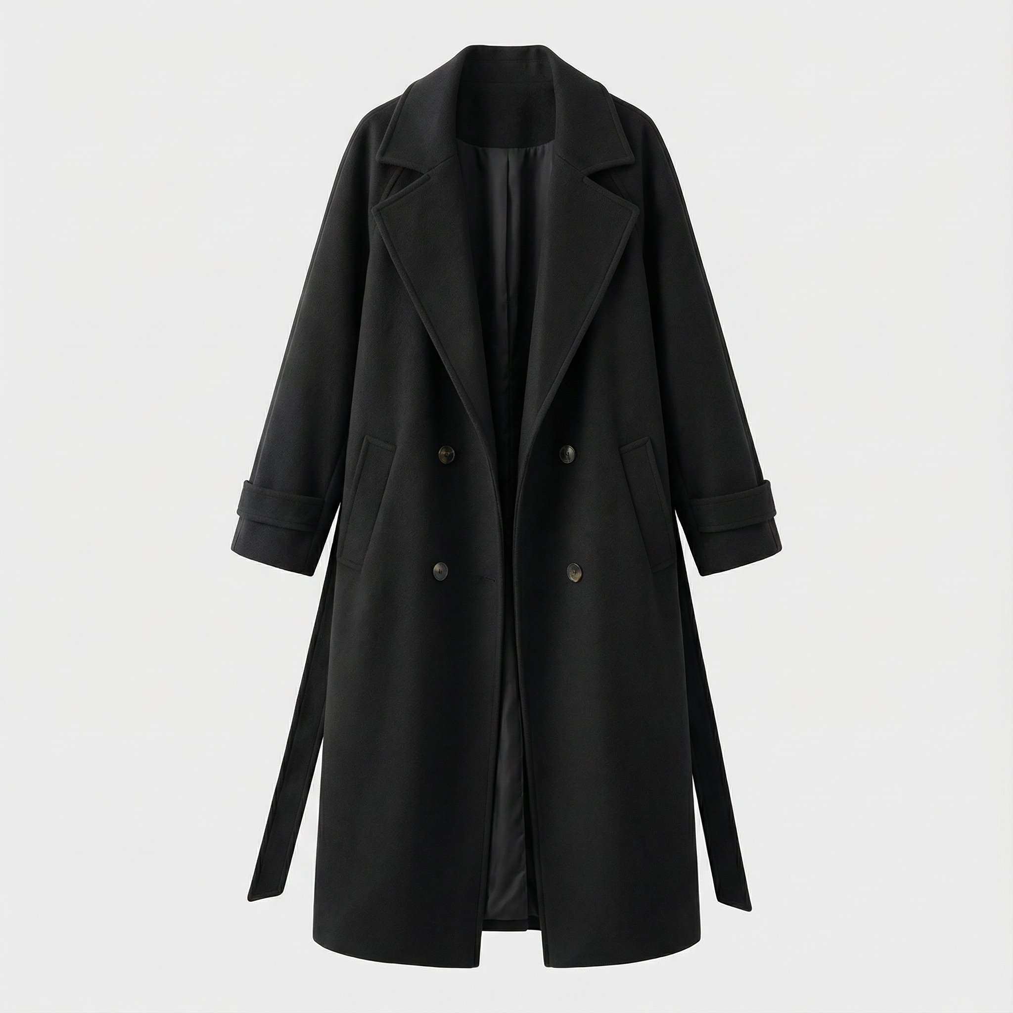 Długi wełniany płaszcz typu trencz z paskiem i kieszeniami – Klasyczna odzież damska