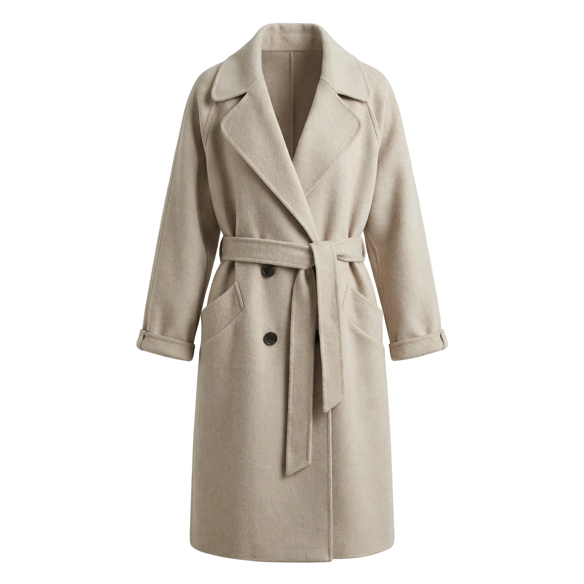 Długi wełniany płaszcz typu trencz z paskiem i kieszeniami – Klasyczna odzież damska