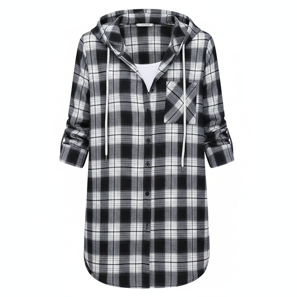 ByRoza | Koszula flanelowa z długim rękawem i kapturem w kratę